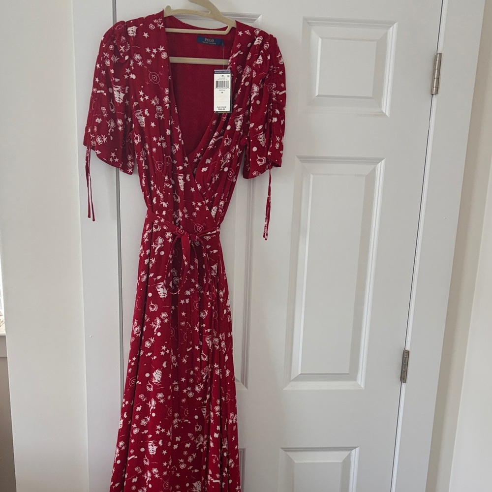 Polo by RL red with white design mid length wrap dress. Size 10